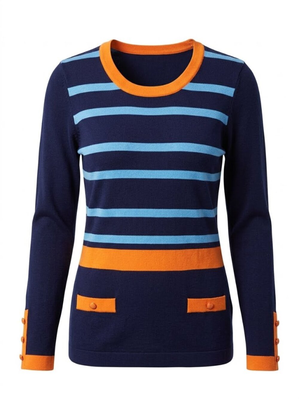 MARBLE NWT Navy Blue Orange Striped Crew Neck Pullover Sweater 3612